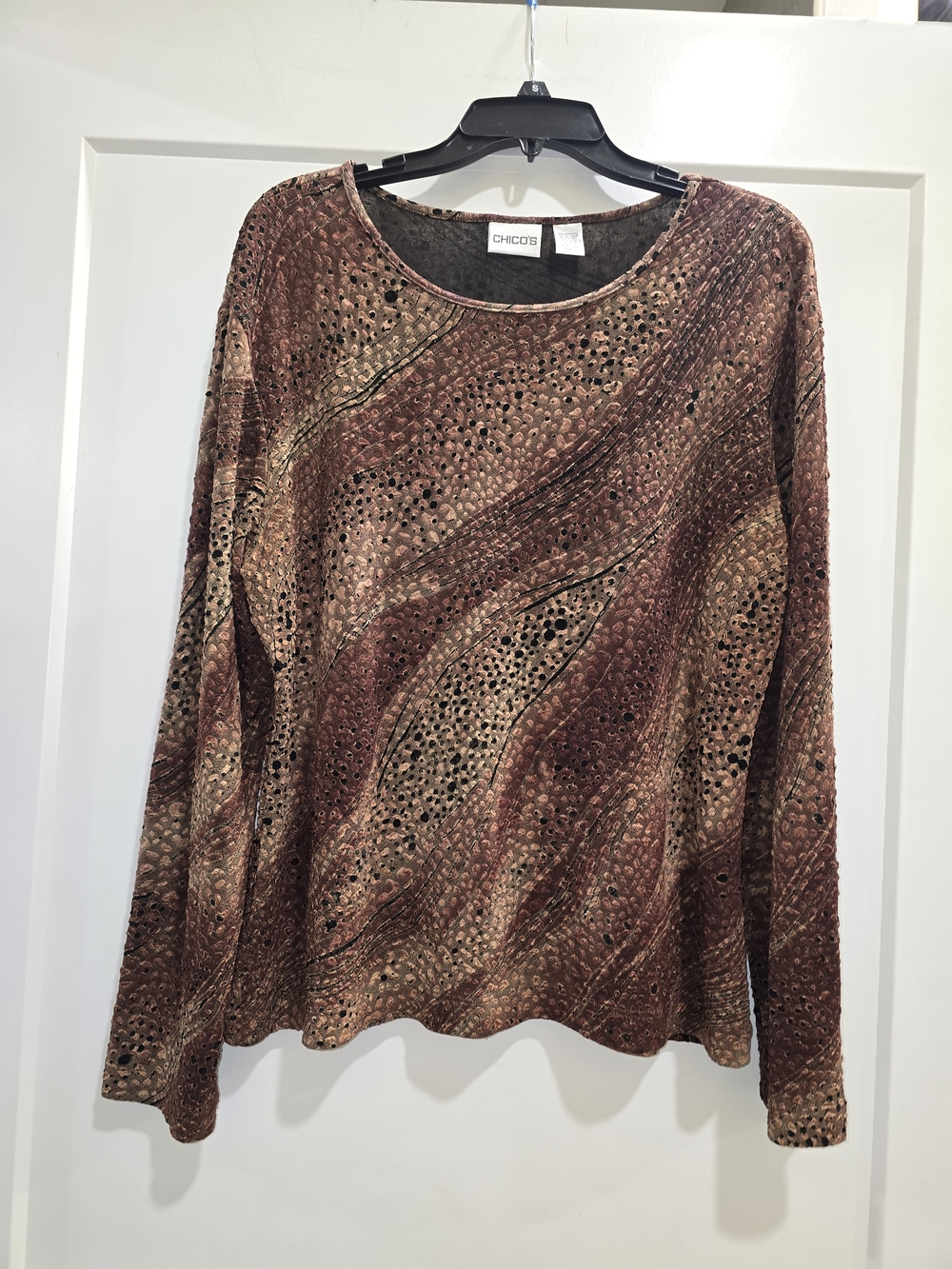 Chico's Brown & Tan Velvet-Textured Scoop Neck Sweater/shirt, Size 3